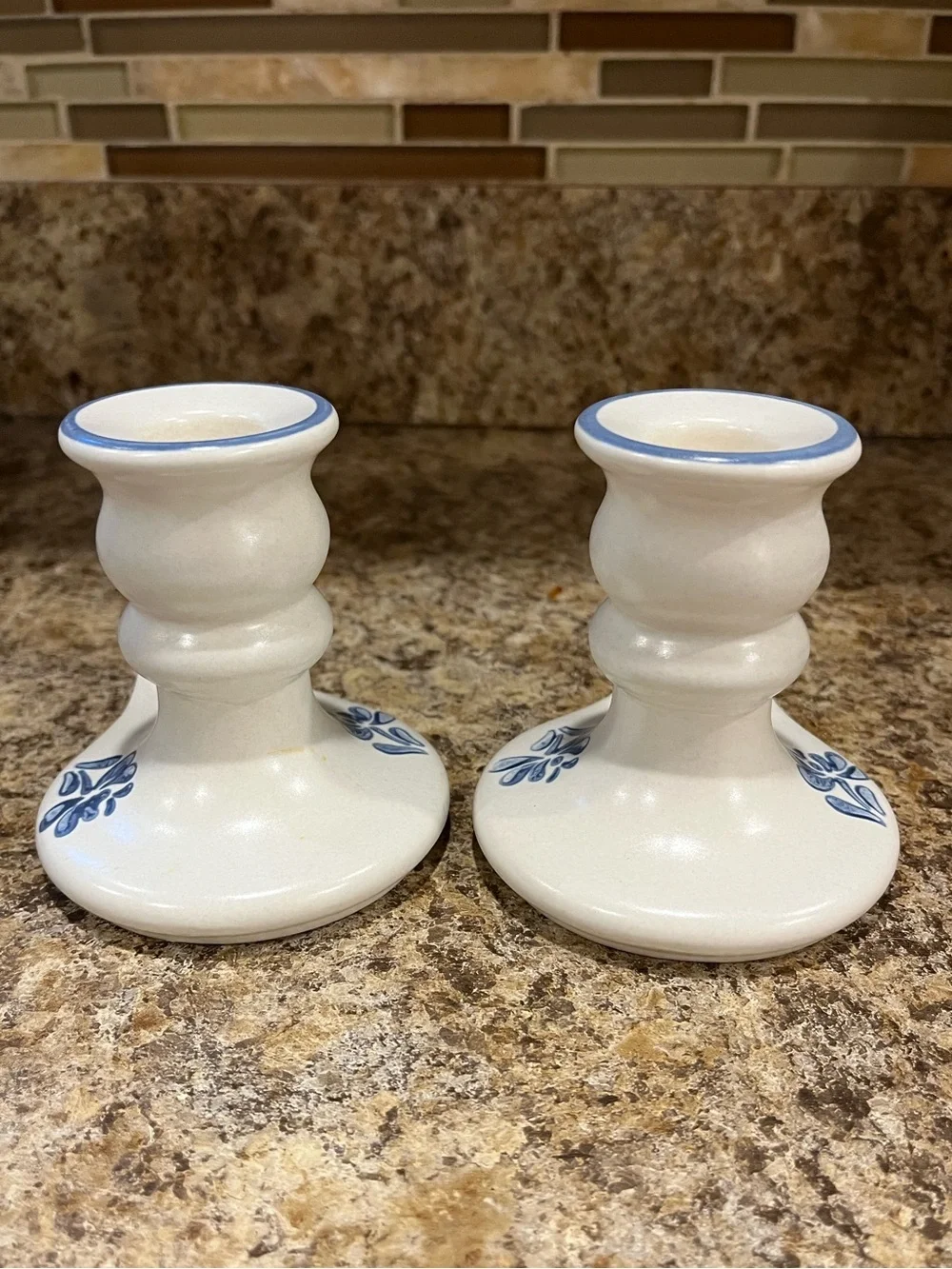 Vintage Pfaltzgraff Yorktowne White and Blue Floral Candle Holders - Set of 2